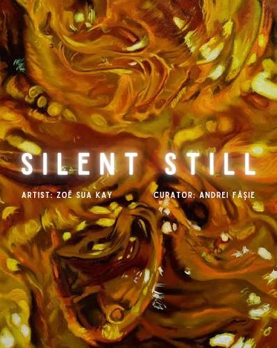Poster of the Silent Still exhibition by Zoë Sua Kay, with an amber resin painting