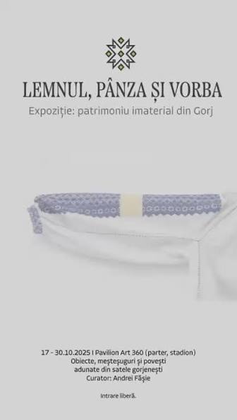 Poster of the exhibition Lemnul, Pânza și Vorba, with a traditional embroidered sash