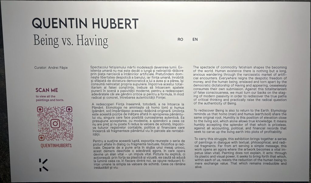 Exhibition wall text for Quentin Hubert, Being vs. Having