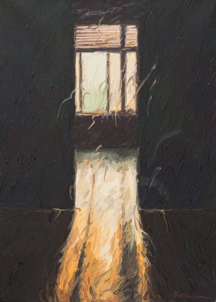 Painting of a lit window in a dark interior