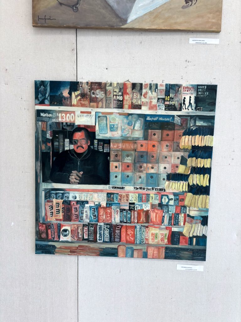 Painting of a man inside a kiosk