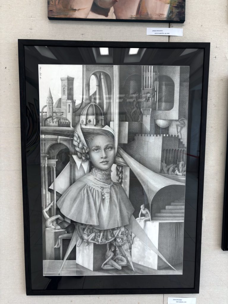 Graphite drawing of a girl among architectural forms